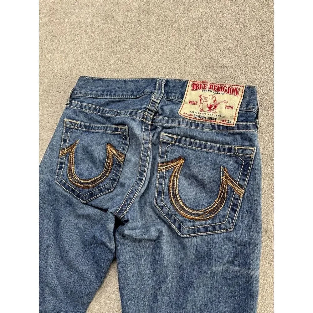 True Religion Rainbow Bobby Jeans Mens Blue Distressed Measured 33x28 Streetwear